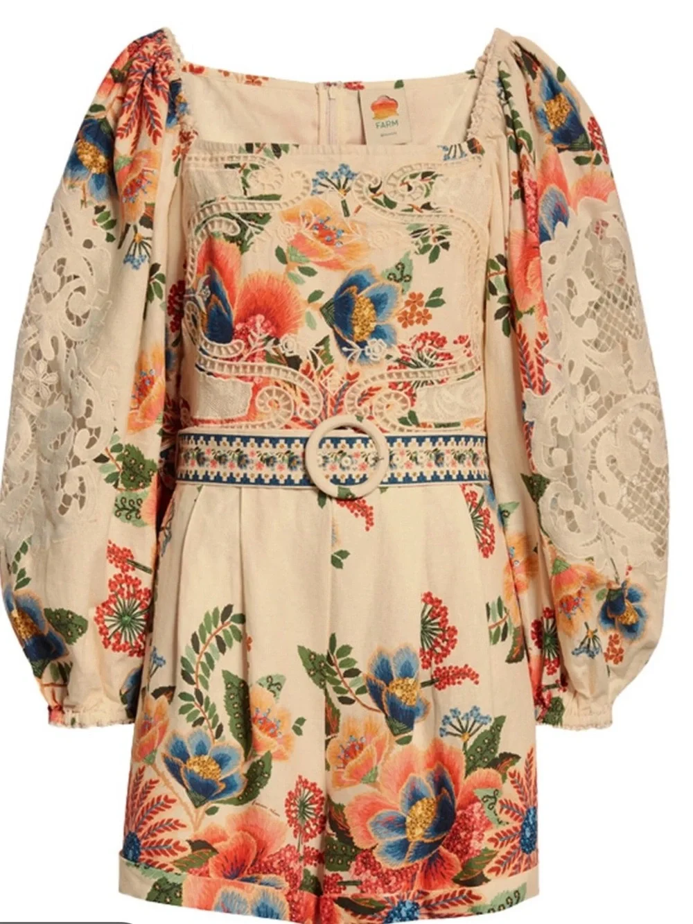 FARM Rio Cream Floral Puff-Sleeve Romper with Lace
